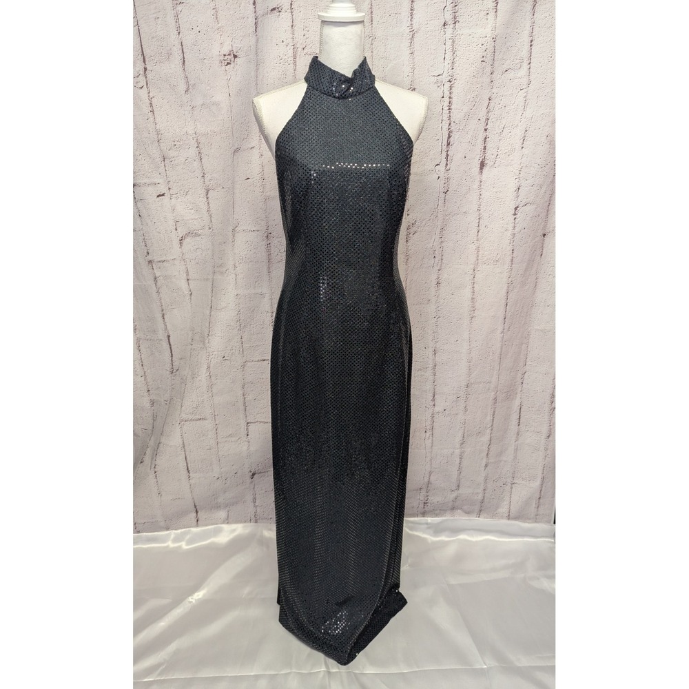 Roberta Vintage Black Sleeveless Sequin Dress Halter Cocktail Evening Sz 13/14